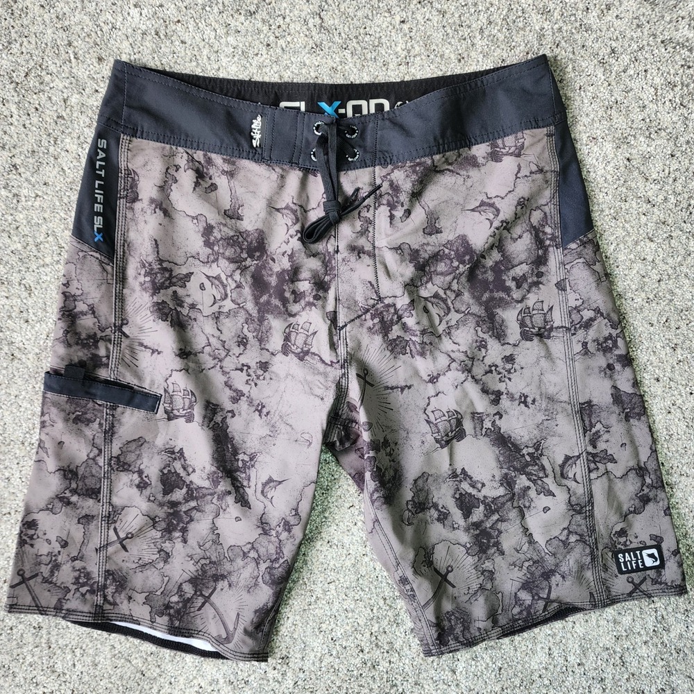 Salt Life Board Shorts Mens 34 Charcoal Nautical Map Vapor Stretch NEW